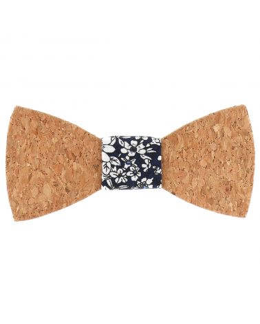 Noeud Papillon Bois en Liège Motif Fleuri Bleu marine