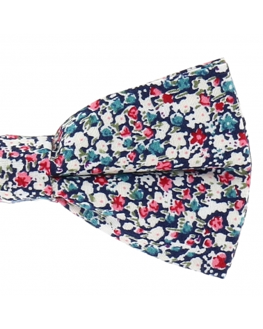 Noeud Papillon Champêtre Motif Liberty Bleu Navy Rose et Blanc