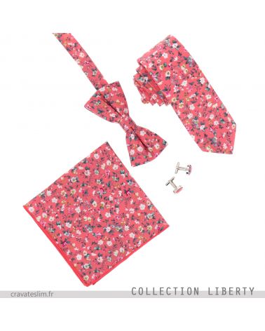 Assortiment Noeud Papillon Cravate Pochette Costume et Boutons de Manchette Liberty Corail