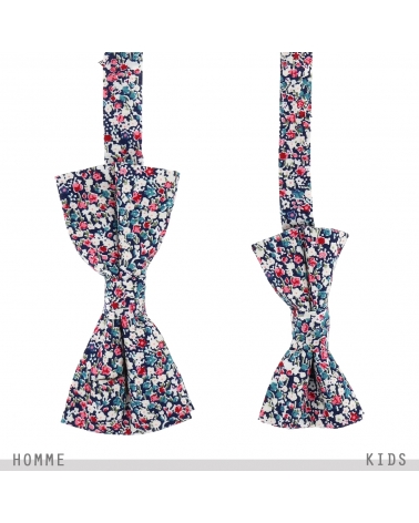 Noeud Papillon Fleuri Père et Fils Motif Liberty Bleu marine Rose et Blanc Comme Papa