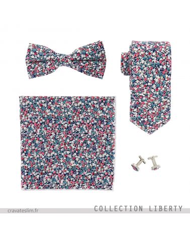 Assortiment Noeud Papillon Cravate Pochette Costume et Boutons de Manchette Liberty Bleu marine Rose et Blanc