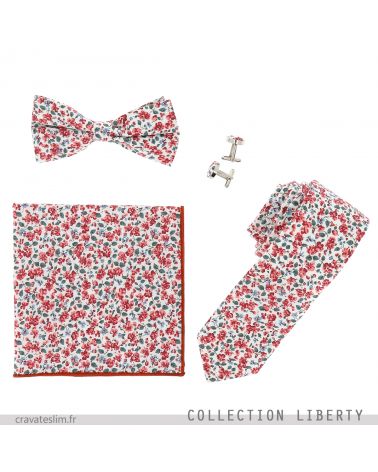 Assortiment Noeud Papillon Cravate Pochette Costume et Boutons de Manchette Liberty Corail et Blanc