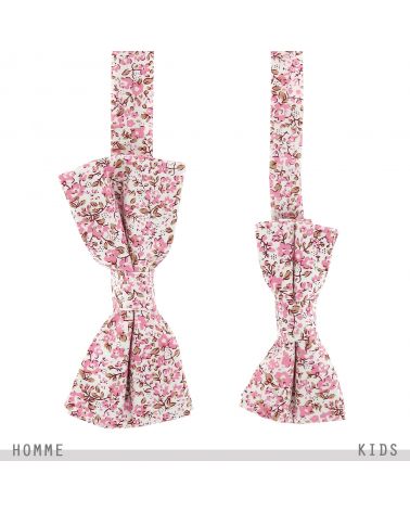 Noeud Papillon Fleuri Père et Fils Motif Liberty Vieux Rose et Blanc Comme Papa