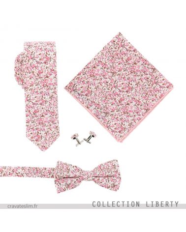 Assortiment Noeud Papillon Cravate Pochette Costume et Boutons de Manchette Liberty Vieux Rose et Blanc