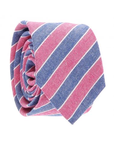 Cravate Coton Denim Rayée Bleu et Rose