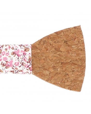 Noeud Papillon Bois en Liège Motif Fleuri Rose vieilli