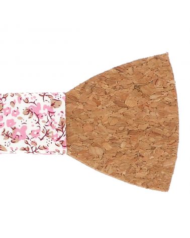 Noeud Papillon Bois en Liège Motif Fleuri Rose vieilli