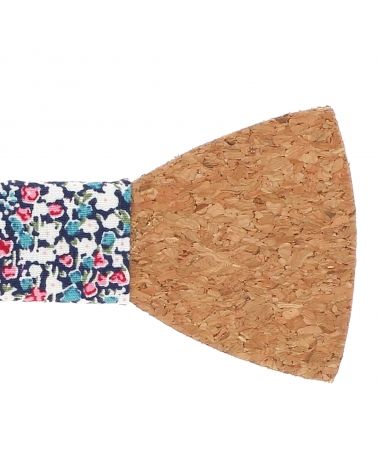 Noeud Papillon Bois en Liège Motif Fleuri Bleu marine et Rose