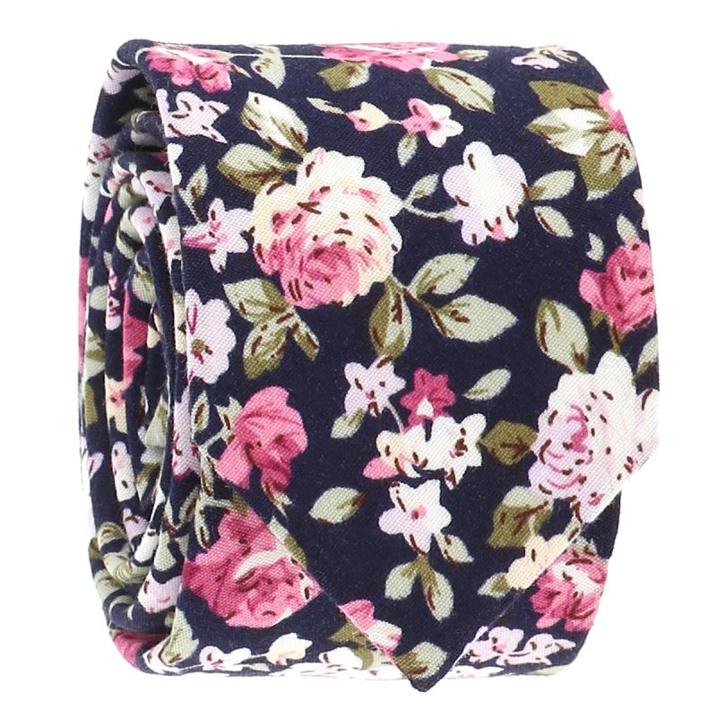 Cravate Fleurs Bleu marine, Rose et Blanche