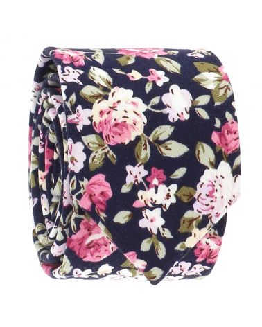 Cravate Fleurs Bleu marine, Rose et Blanche
