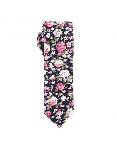 Cravate Fleurs Bleu marine, Rose et Blanche