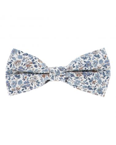 Noeud Papillon Fleuri Mariage Couleur Bleu Beige en coton