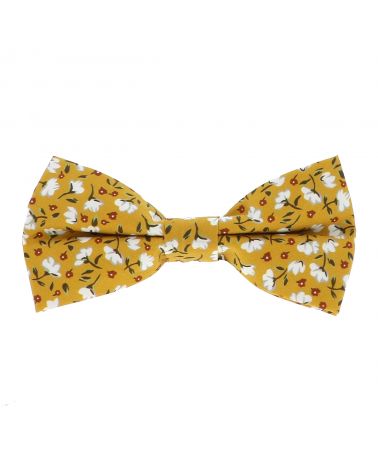 Noeud papillon homme fleuri jaune et blanc coton