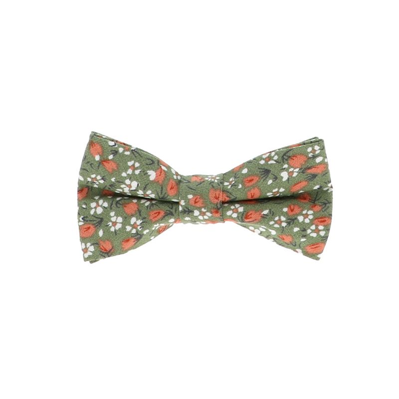 Noeud papillon enfant fleuri vert coton cérémonie