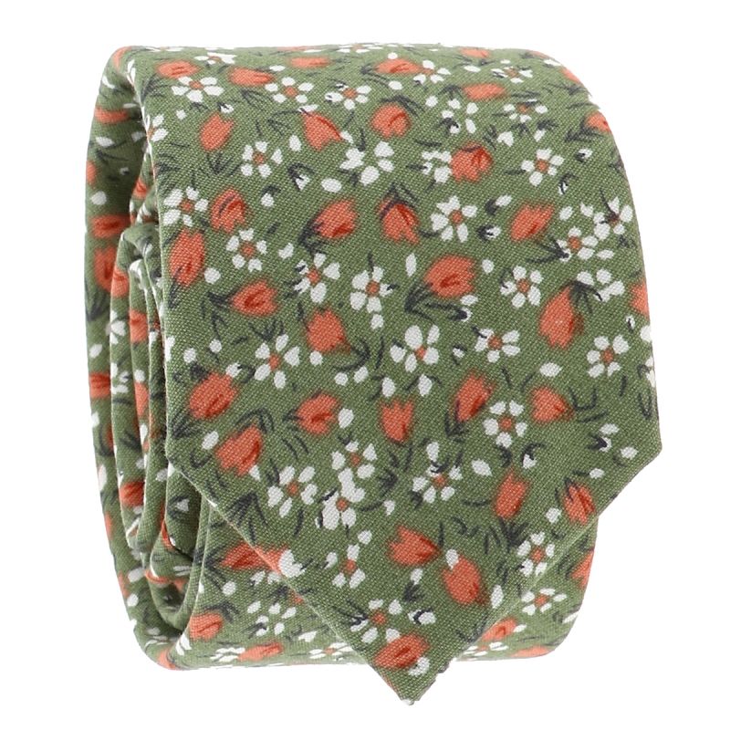 Cravate fleurie homme verte et corail