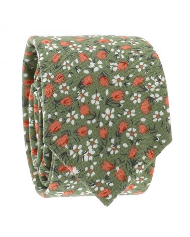 Cravate fleurie homme verte et corail